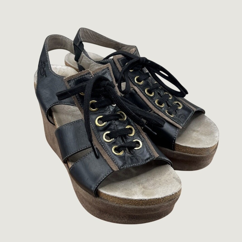 OTBT Trenton Platform Wedge Sandals 6.5 Black Leather Lace Up Boho Chunky